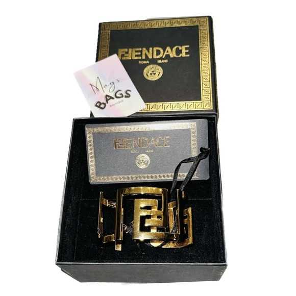 Versace x Fendi: FF Bangle Jumbo Logo Wide Gold Bracelet - Picture 4 of 16
